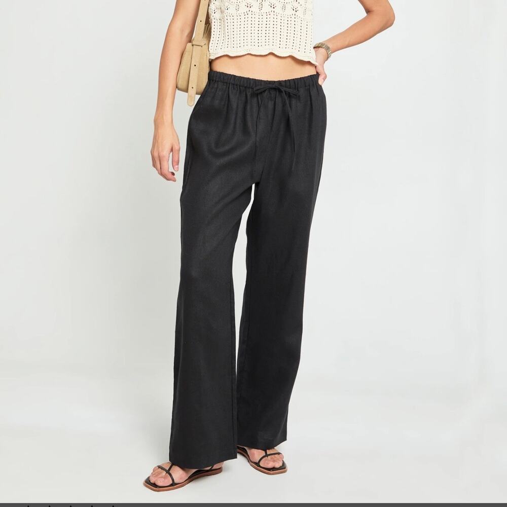 Few Moda Paloma Black Linen Wide Leg Drawstring Pants Size Large Summer Casual